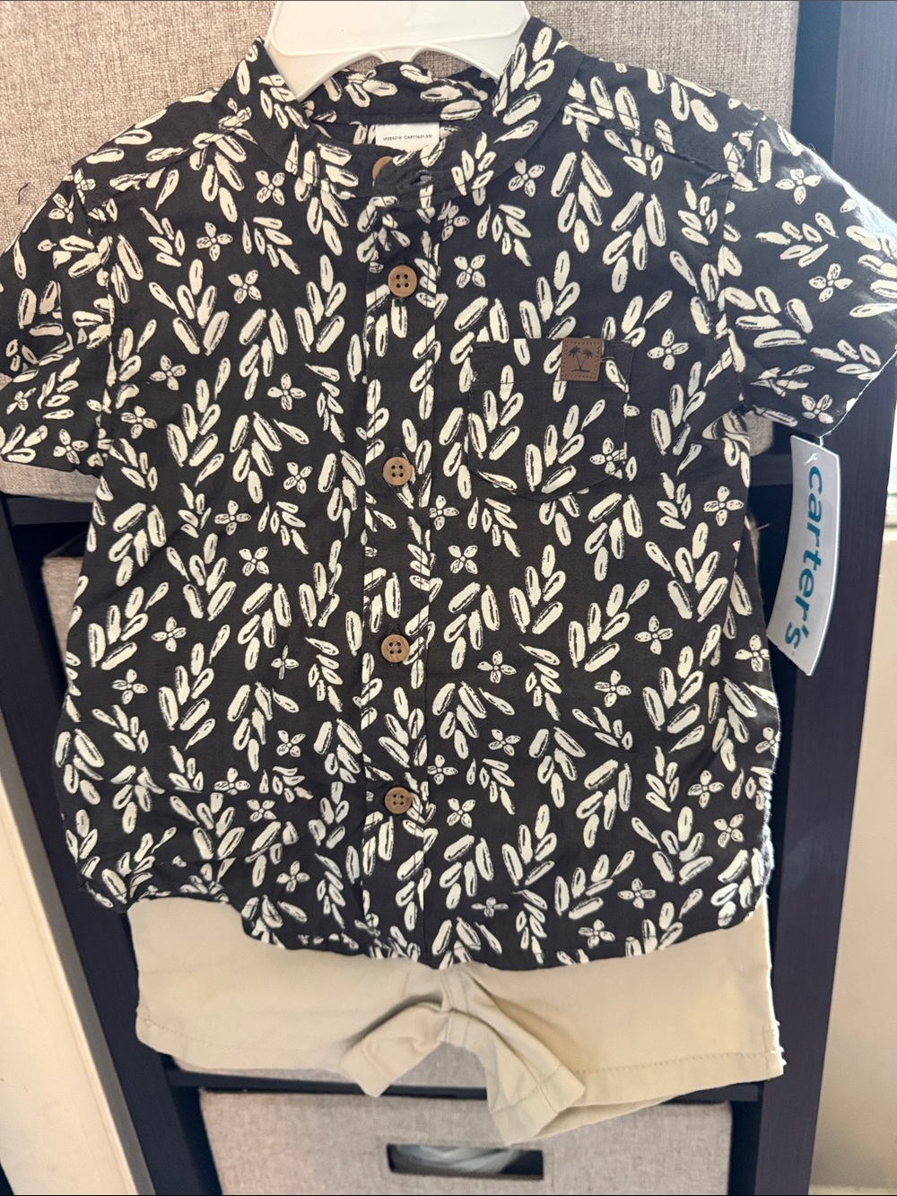 Carter's Black Button-Front Shirt with White Leaf Print
